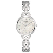 Bulova Classic Diamonds 96P230 con cassa in acciaio da 28 mm e quadrante in madreperla bianca con indici in pietre preziose.